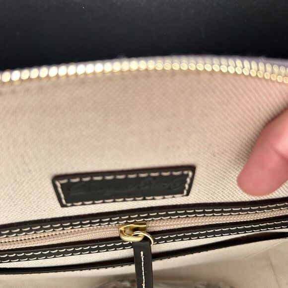 New Dooney Bourke Domed Satchel Bag Womens Black Geniue Leather Linen Blend Line - Picture 6 of 8